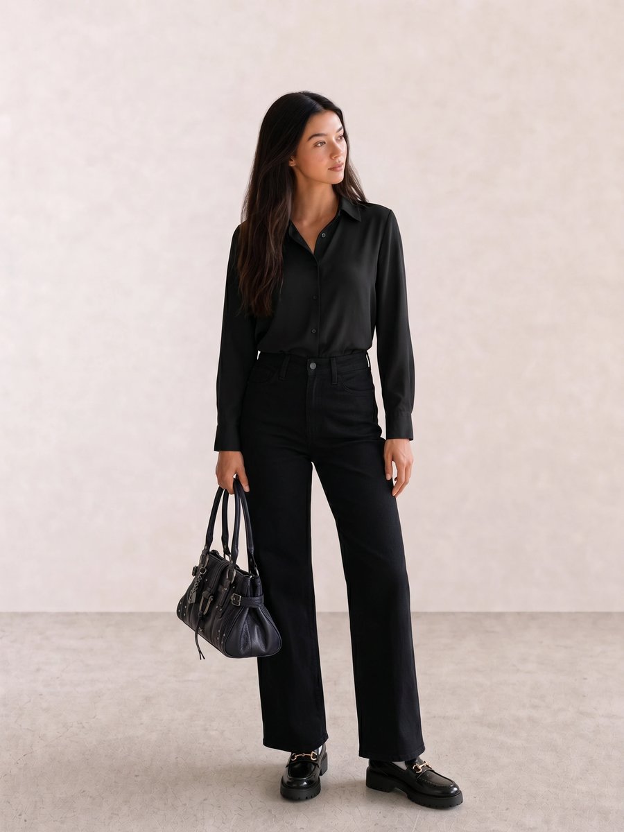 Black outfit with a satin button-down shirt, wide-leg black jeans, studded satchel, and chunky loafers