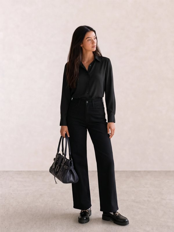 Satin Shirt & Wide-Leg Jeans with Chunky Loafers