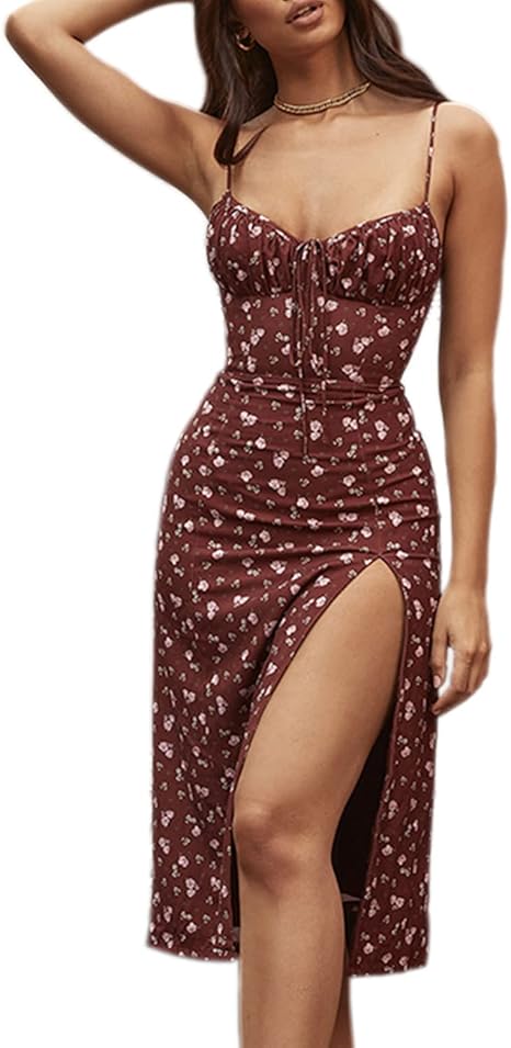 Burgundy Floral Slit Midi Dress