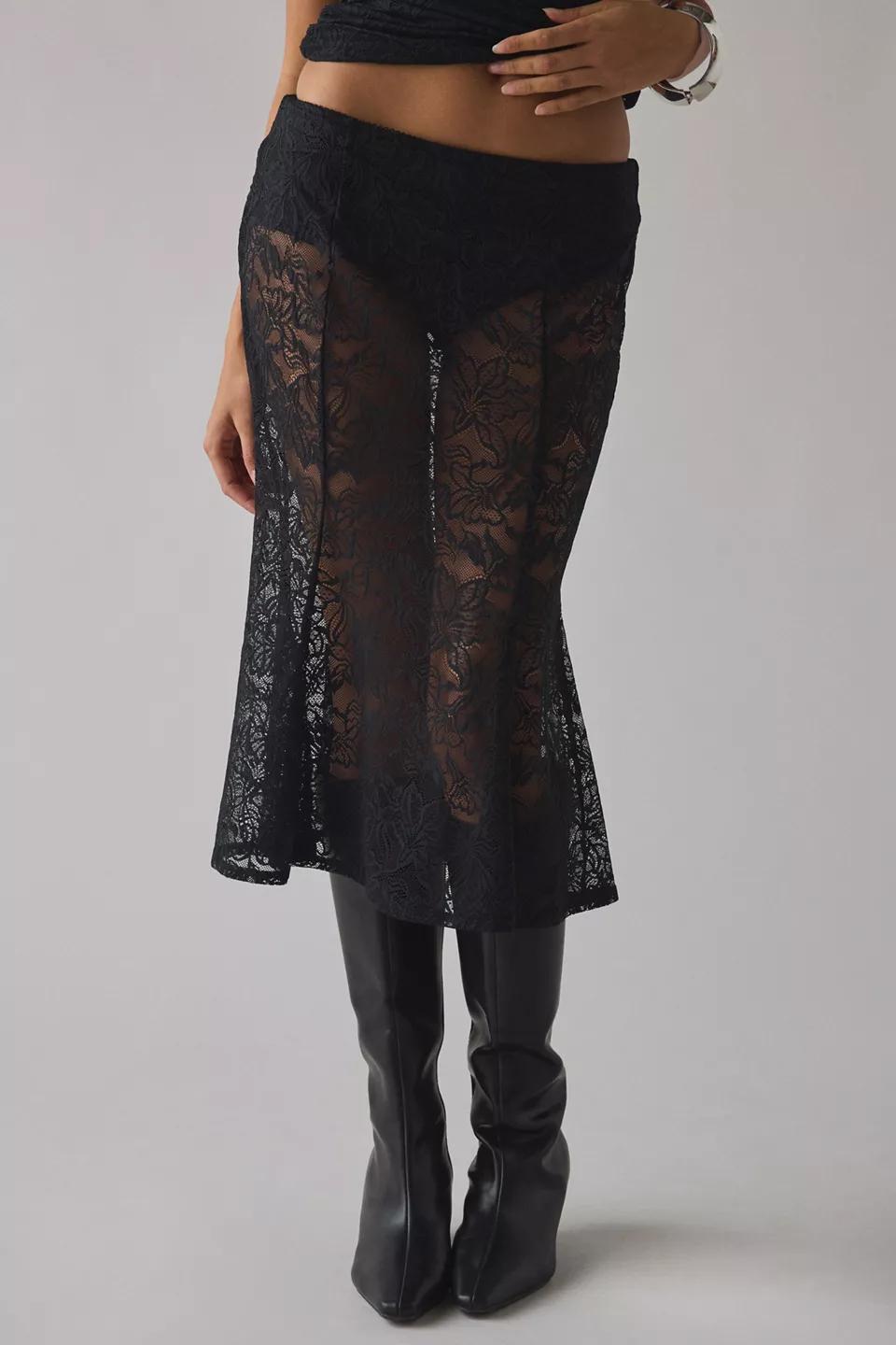 Black Sheer Lace Midi Skirt