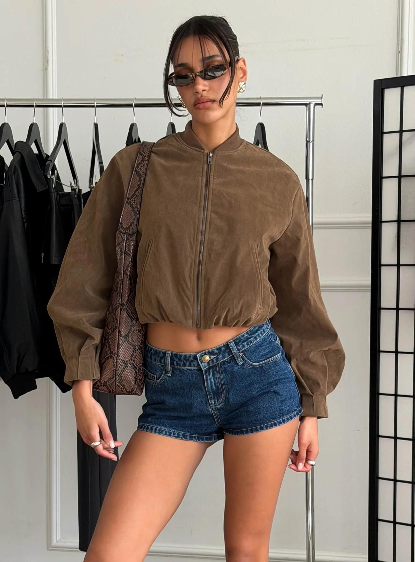 Brown Suede Cropped Bomber Jacket