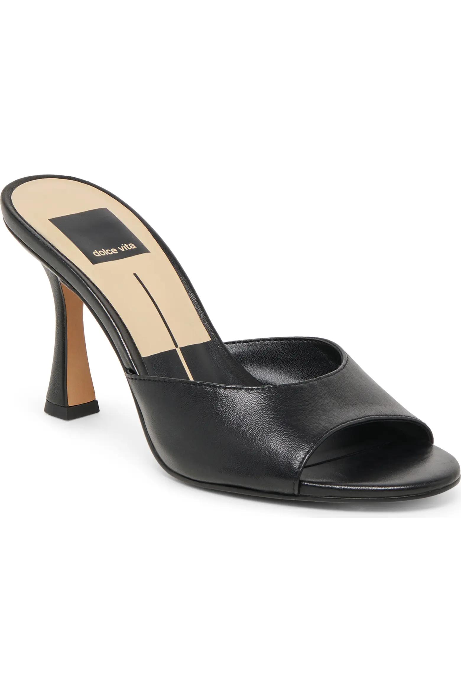 Black Leather Heeled Mules