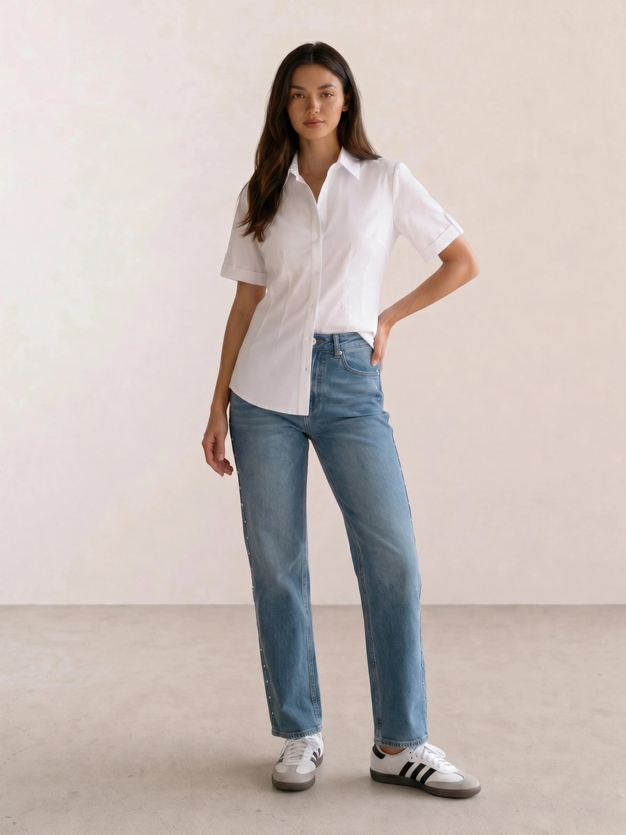 Basic casual outfit with a white fitted shirt, studded straight jeans, and white Adidas Samba sneakers