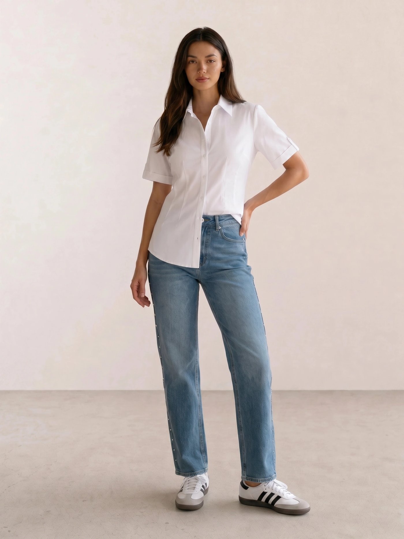 White Fitted Shirt & Studded Straight Jeans
