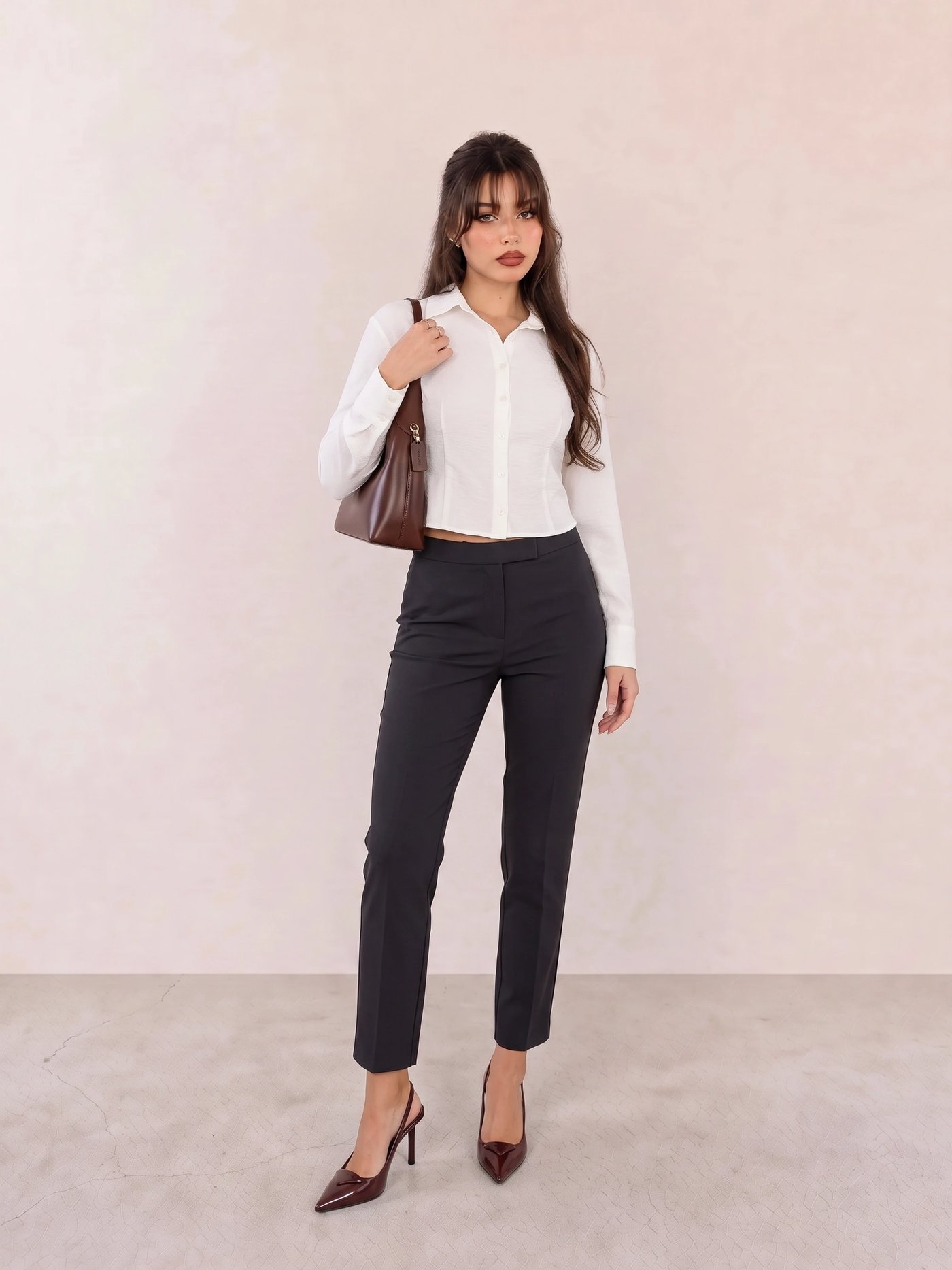 Ivory Linen Button-Down Shirt & Black Tapered Trousers