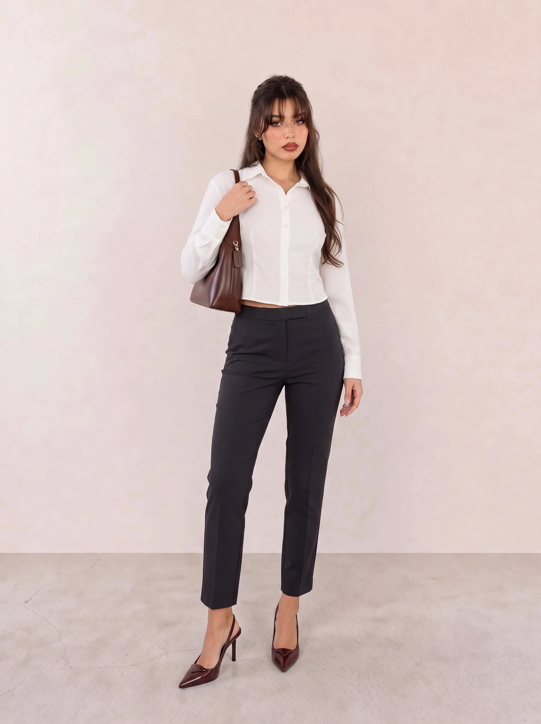 Ivory Linen Button-Down Shirt & Black Tapered Trousers