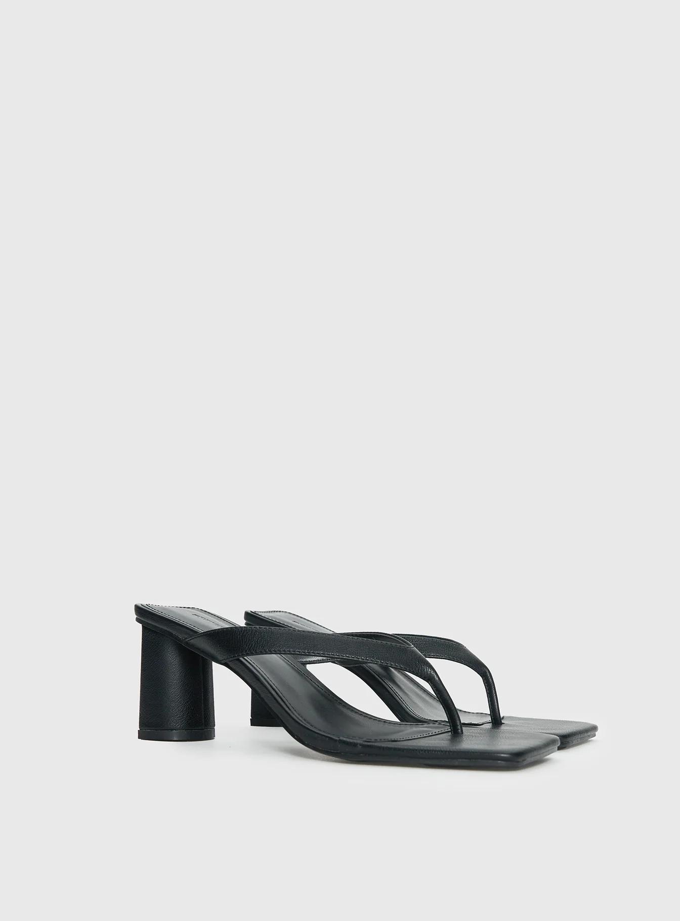 Black Square-Toe Thong Heels