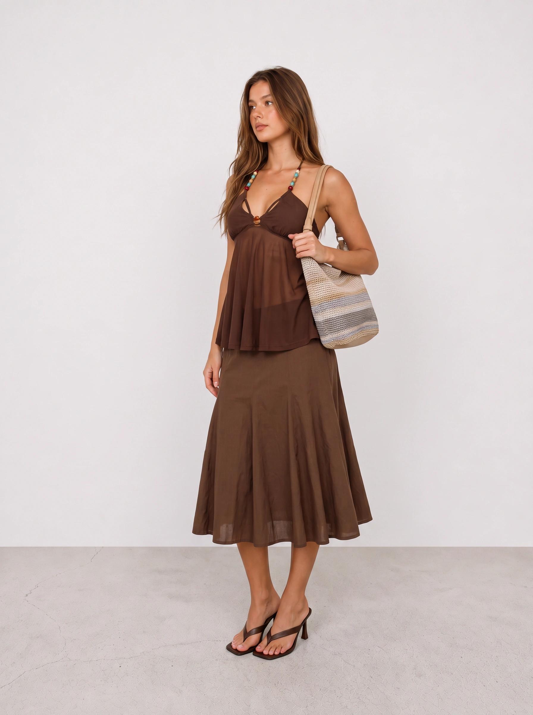 Brown Beaded Cami and Flowing Midi Skirt Outfit