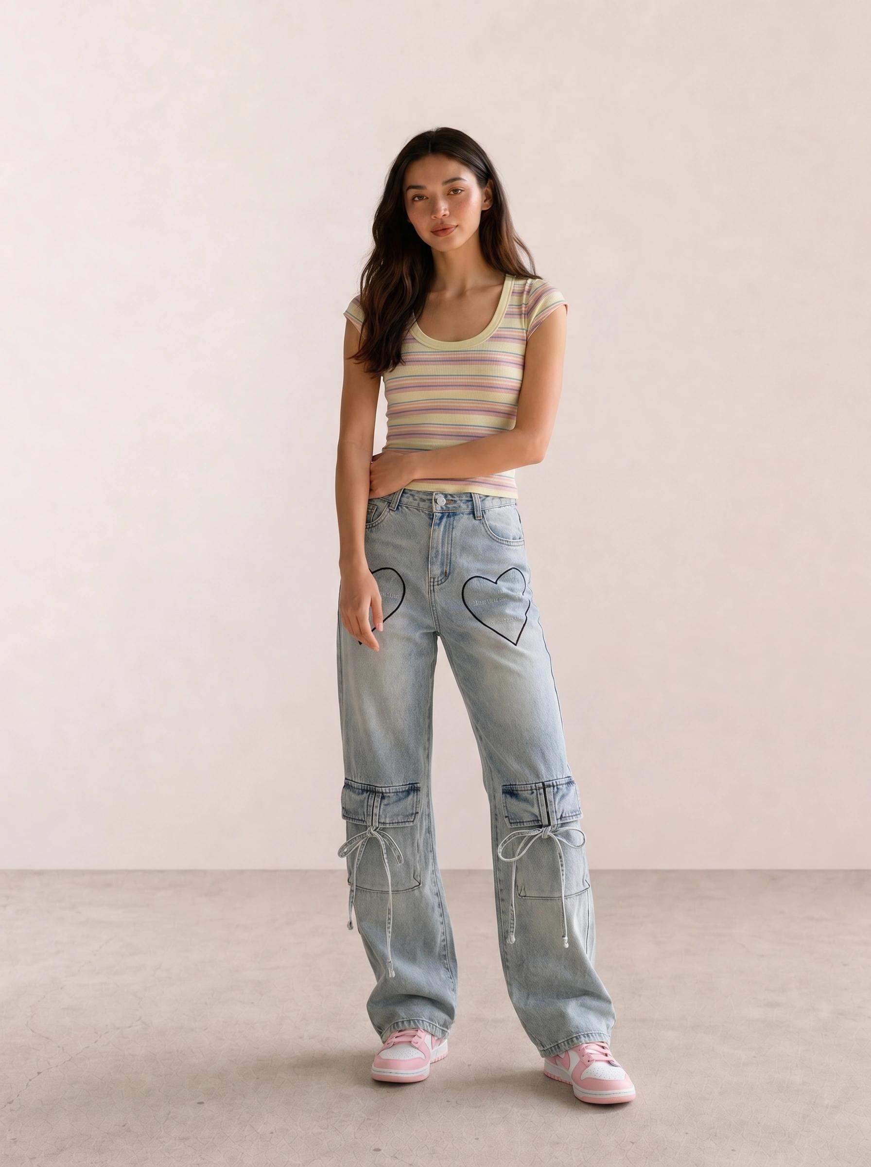 Pastel Stripe Crop & Heart-Pocket Jeans