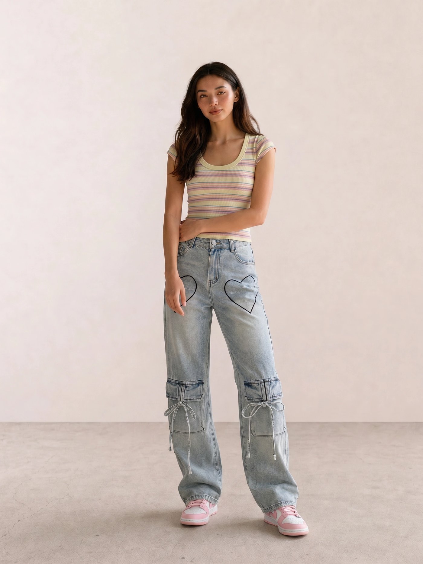 Pastel Stripe Crop & Heart-Pocket Jeans