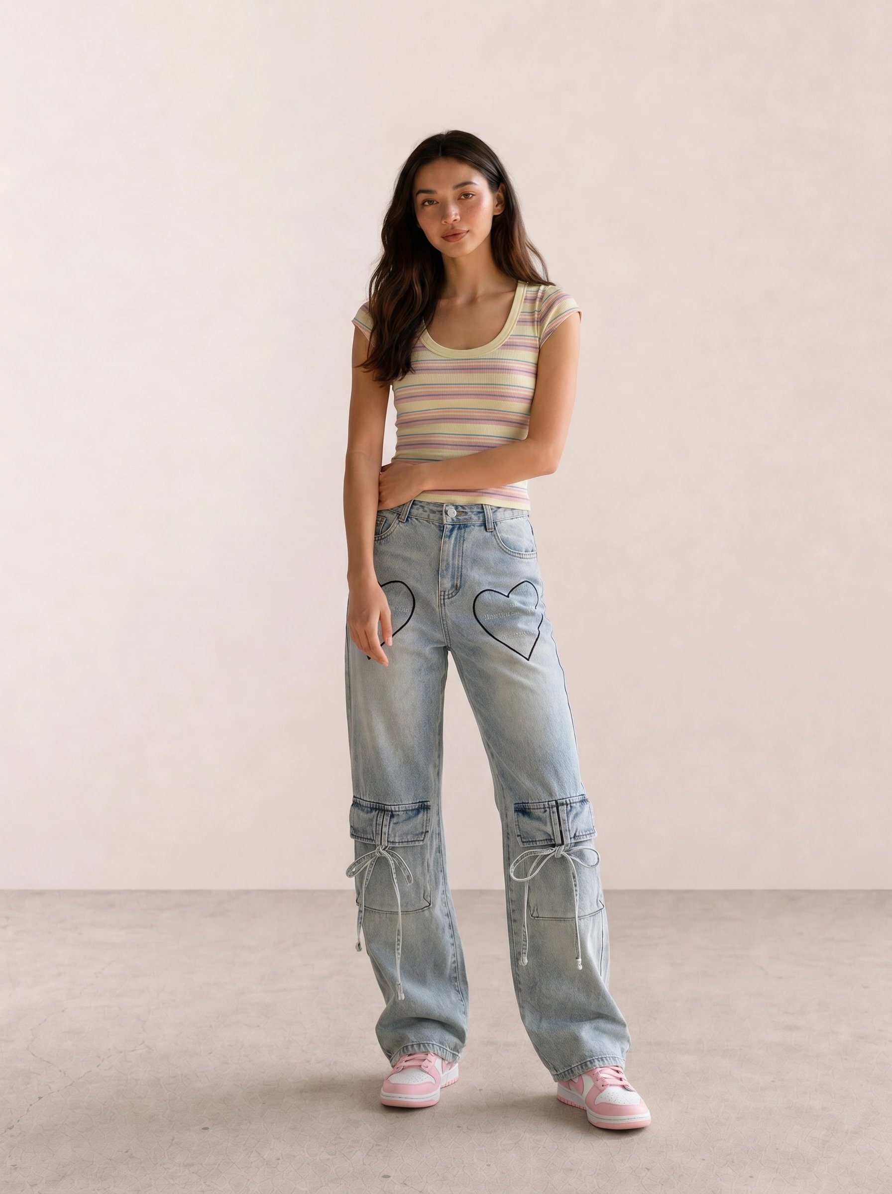 pastel rainbow stripe scoop neck crop top with light wash heart pocket wide-leg jeans and pink low-top sneakers — Y2K coquette spring outfit 2026
