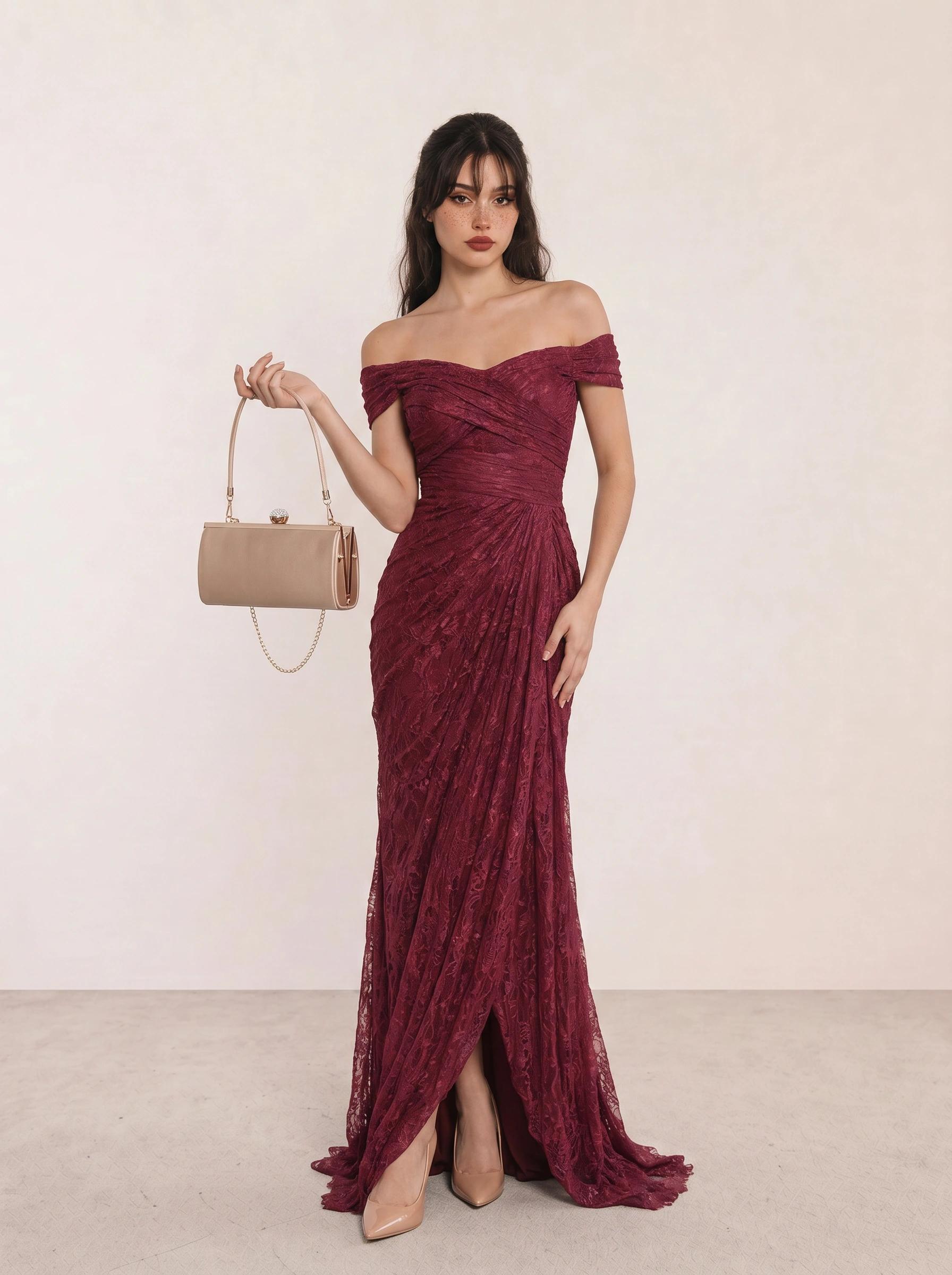 Burgundy Off-Shoulder Lace Mermaid Gown