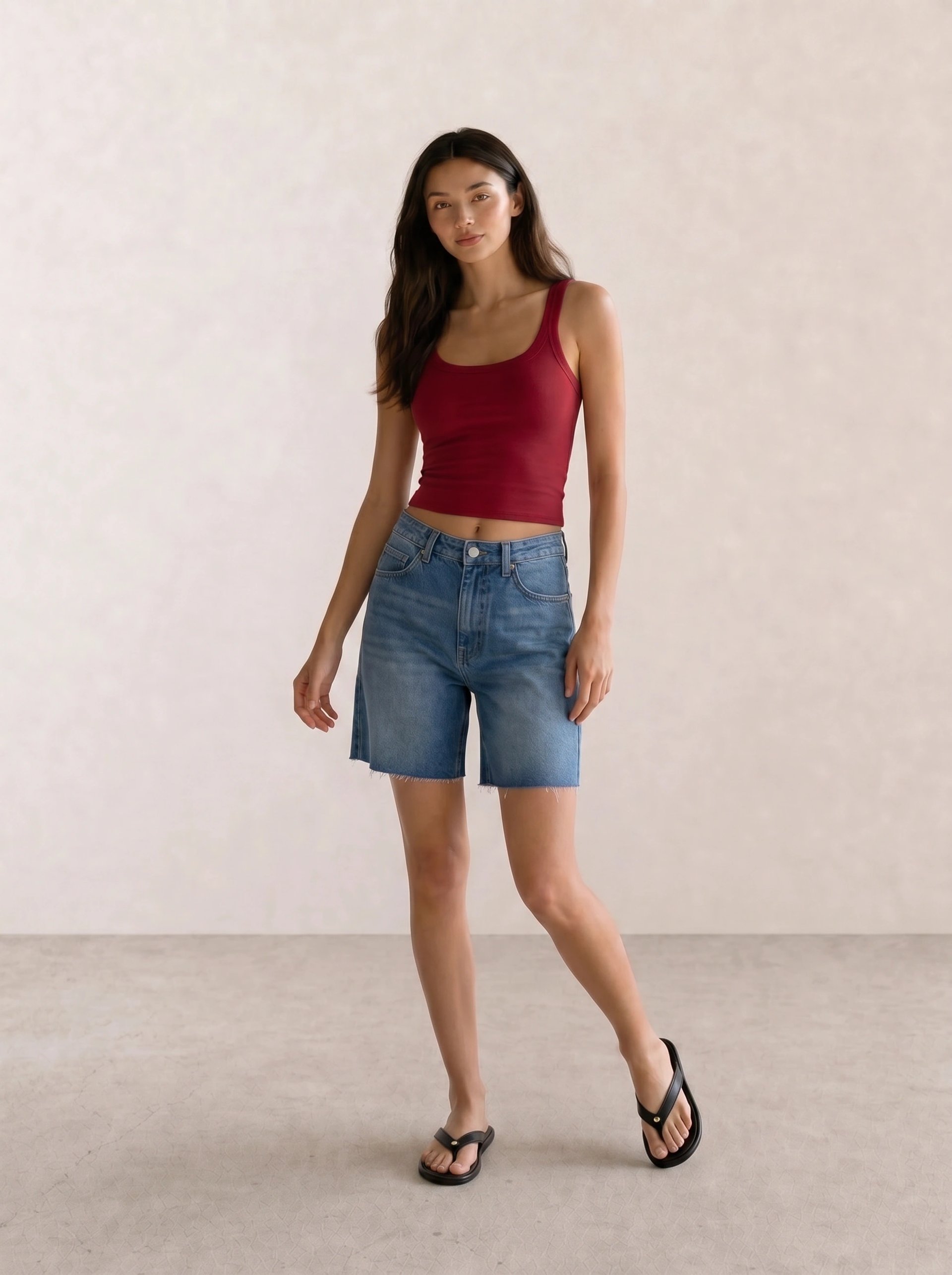 Red Tank Top & Denim Bermuda Shorts