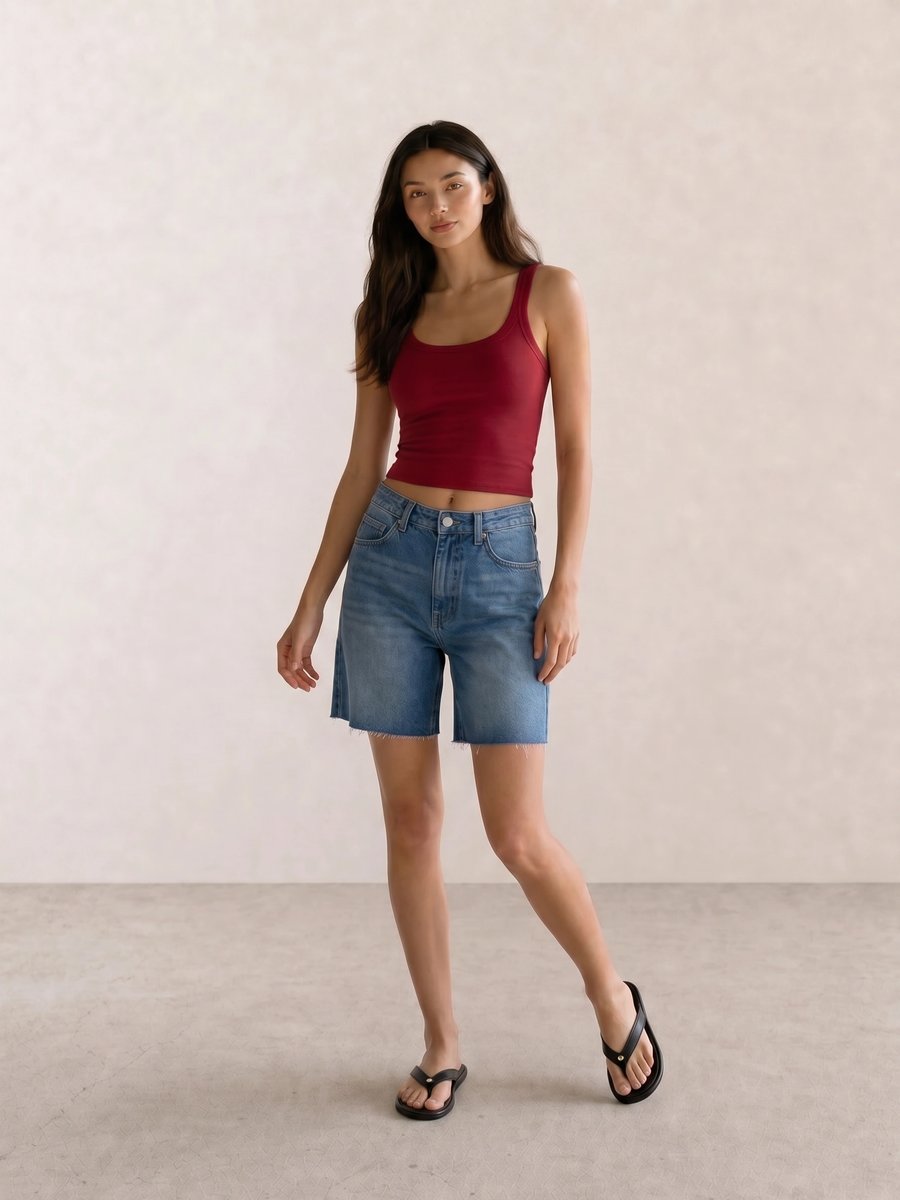 Basic casual outfit with a red tank top, denim Bermuda shorts, and black flip-flop sandals