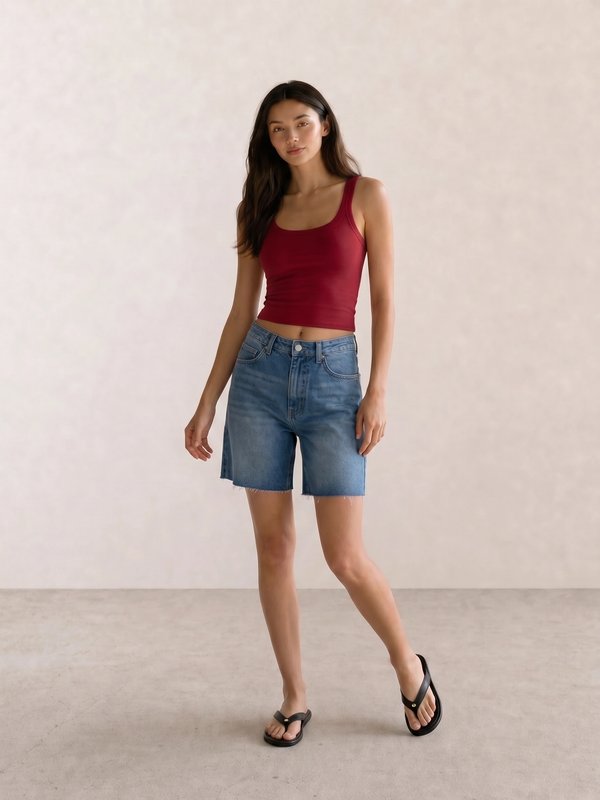 Red Tank Top & Denim Bermuda Shorts
