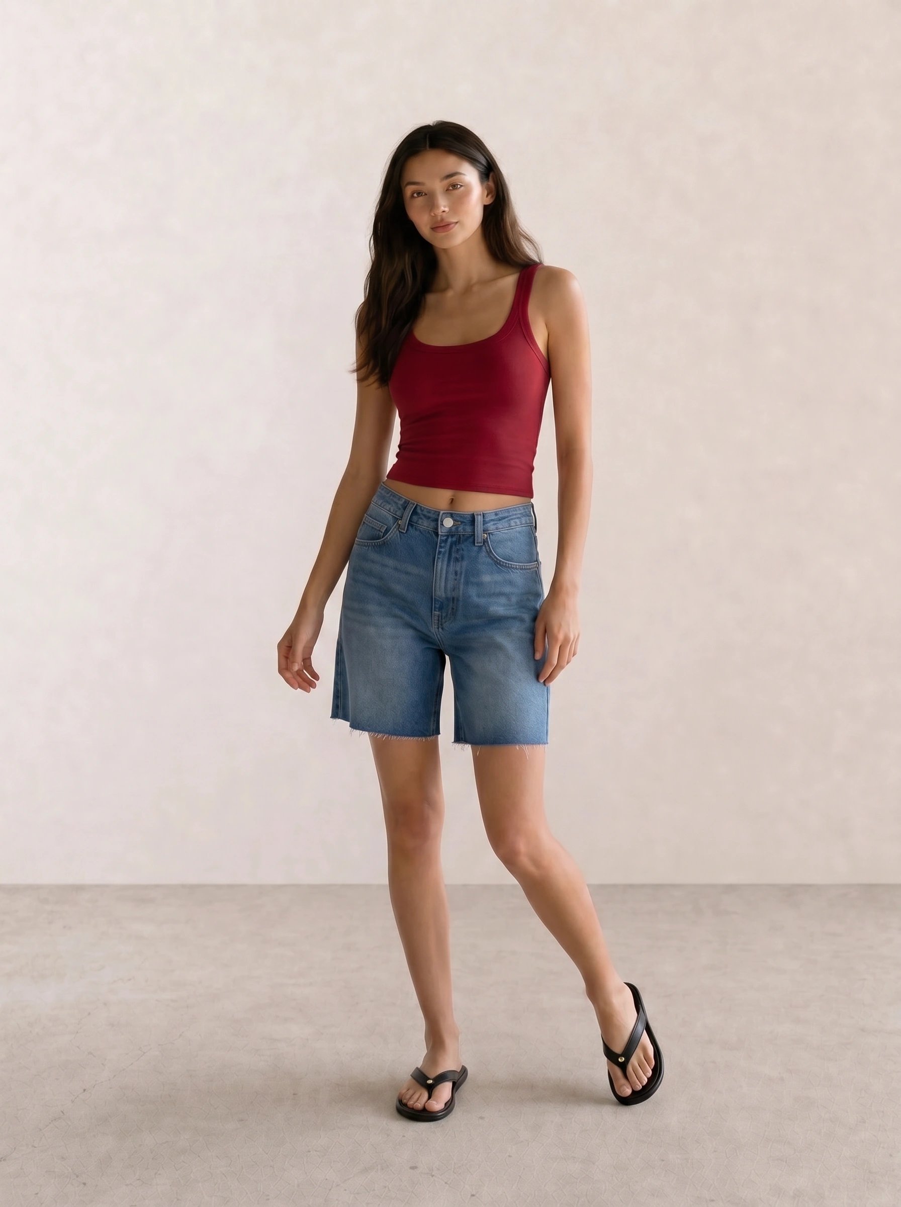 Red Tank Top & Denim Bermuda Shorts