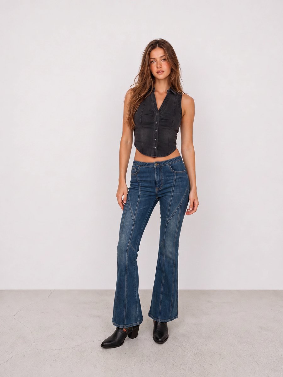 Woman wearing a black vest, blue flared jeans, and black embroidered ankle boots