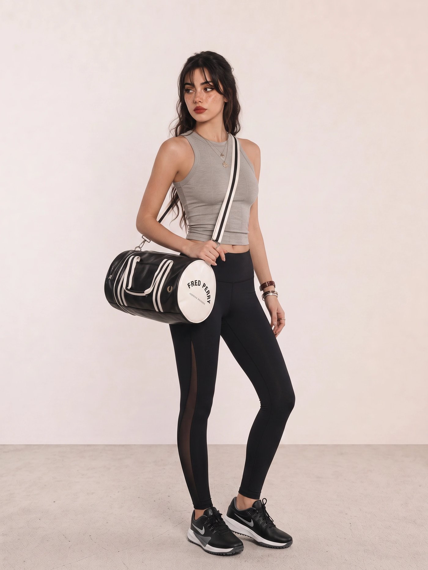 Grey Crop Tank and Black Leggings Gym Outfit