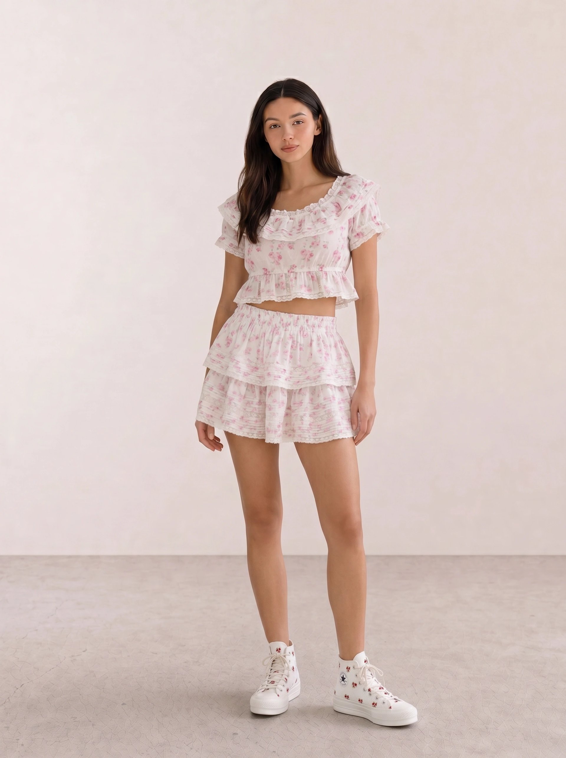 Pink Floral Crop & White Floral Layered Mini