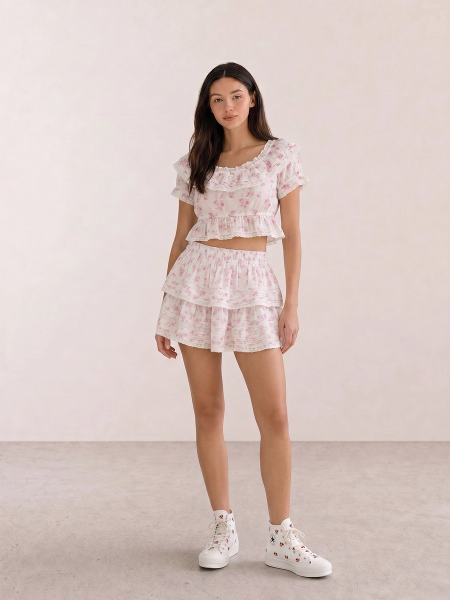 Pink floral peplum crop top with white floral layered mini skirt and white sneakers