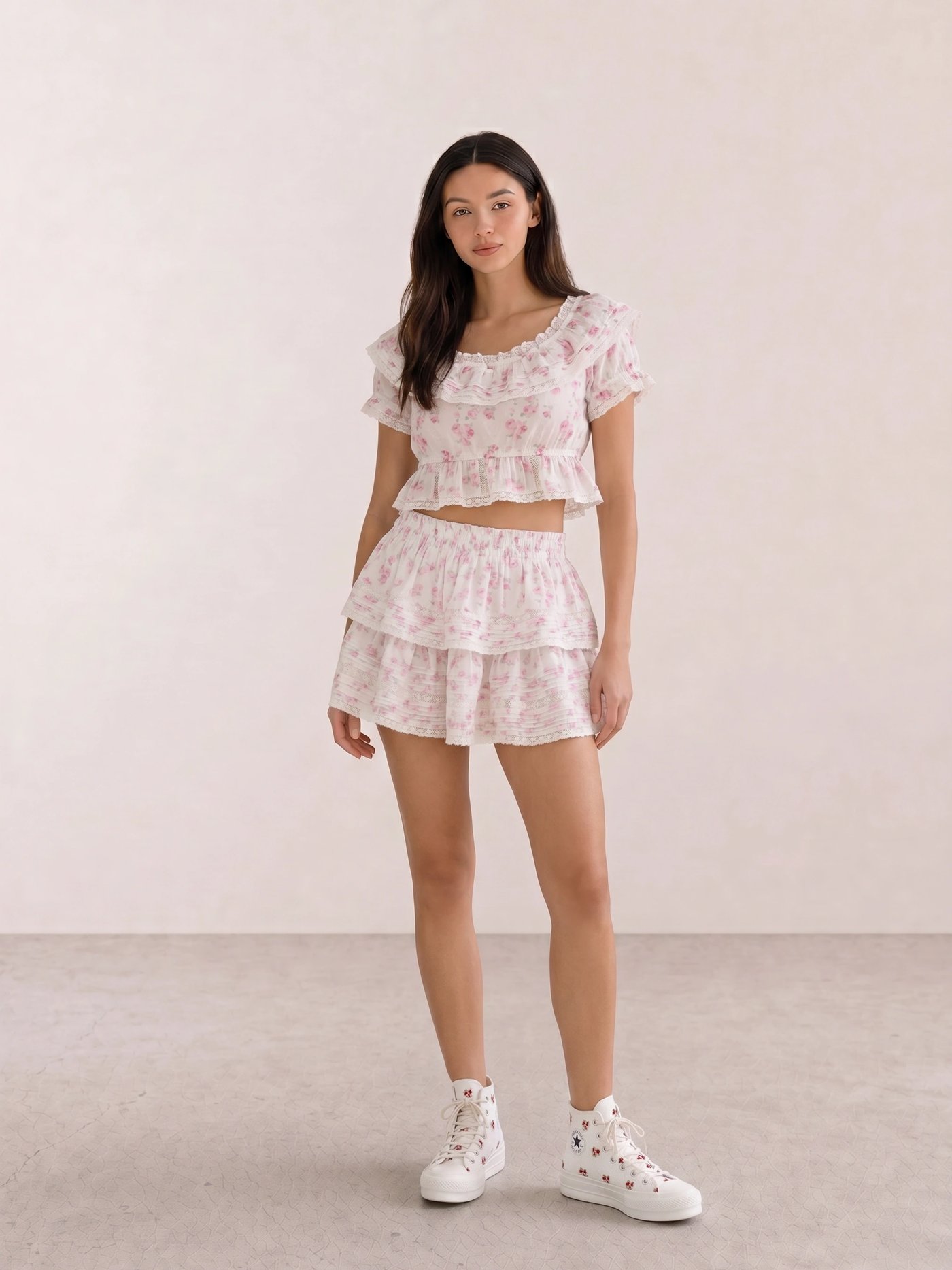 Pink Floral Crop & White Floral Layered Mini