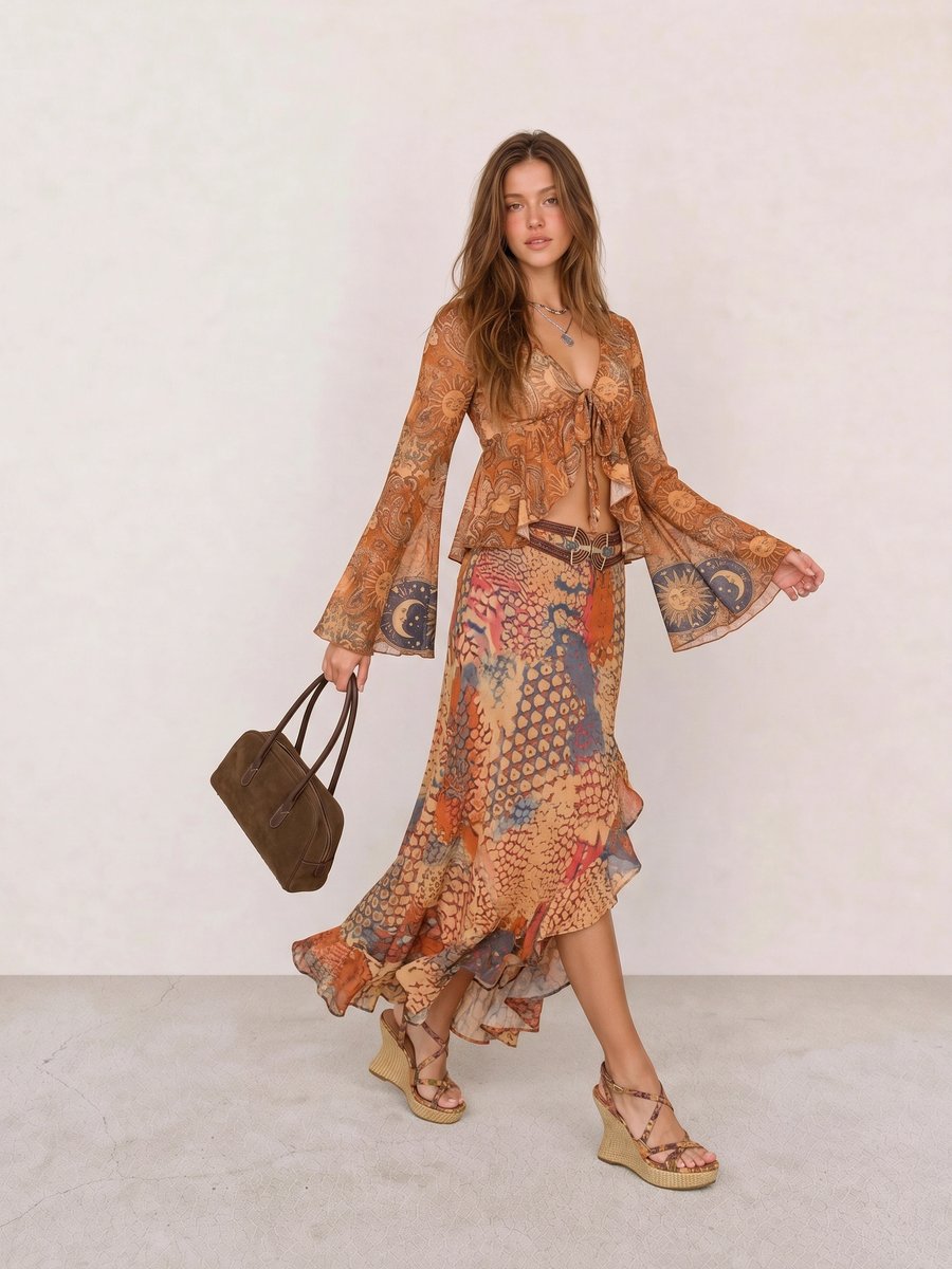 Boho outfit with a rust sun-print bell-sleeve top, batik ruffle midi skirt, suede bag, and raffia wedges