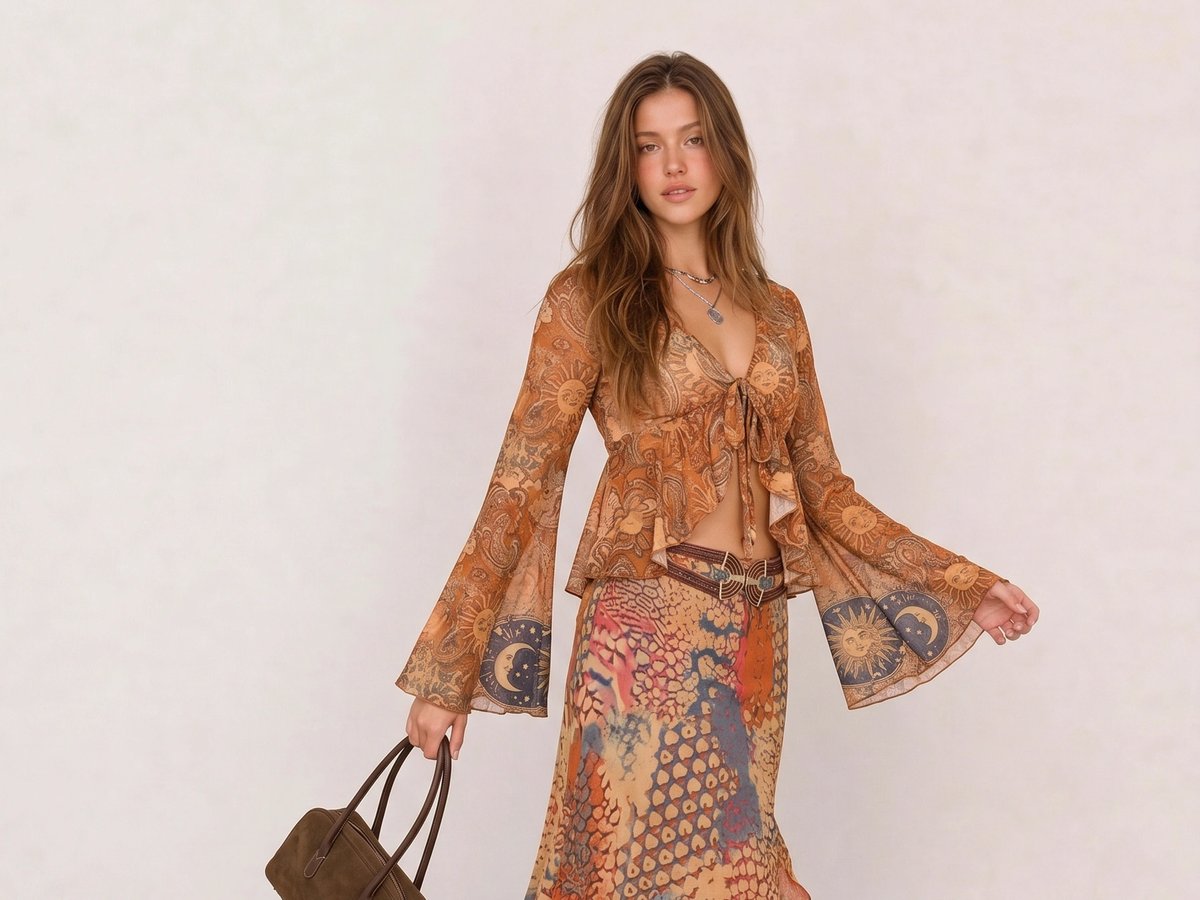 Sun Print Bell Sleeve Top & Ruffle Midi Skirt