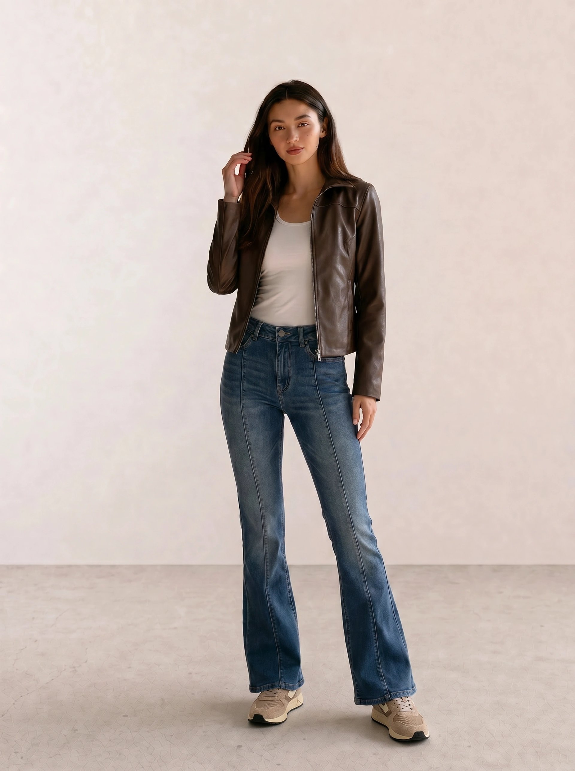 dark brown leather biker jacket with vintage low-rise flare jeans and taupe retro sneakers — retro vintage outfit idea 2026