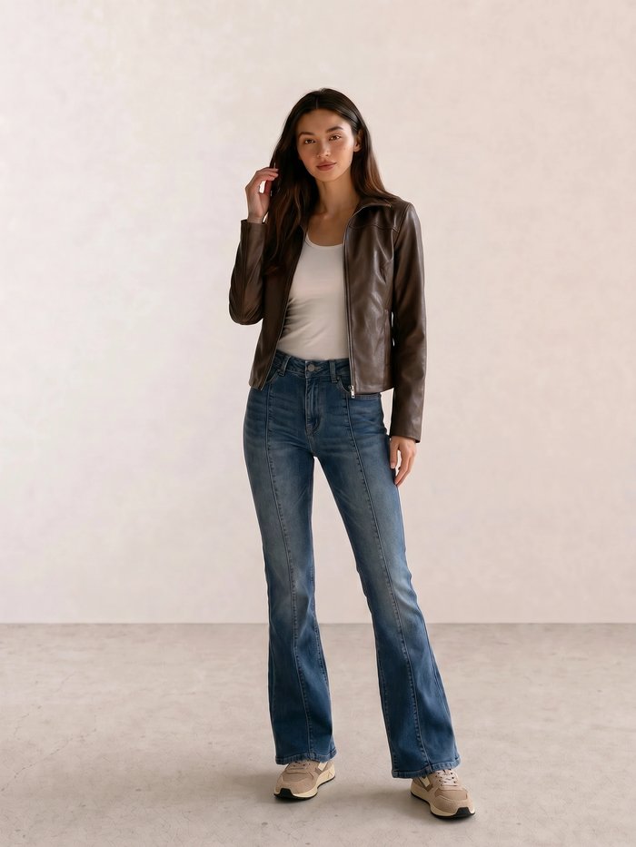 Dark Brown Leather Jacket & Vintage Flare Jeans