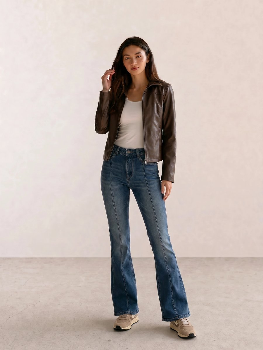 Retro vintage outfit with dark brown leather jacket, white tank, flare jeans, and taupe Autry sneakers