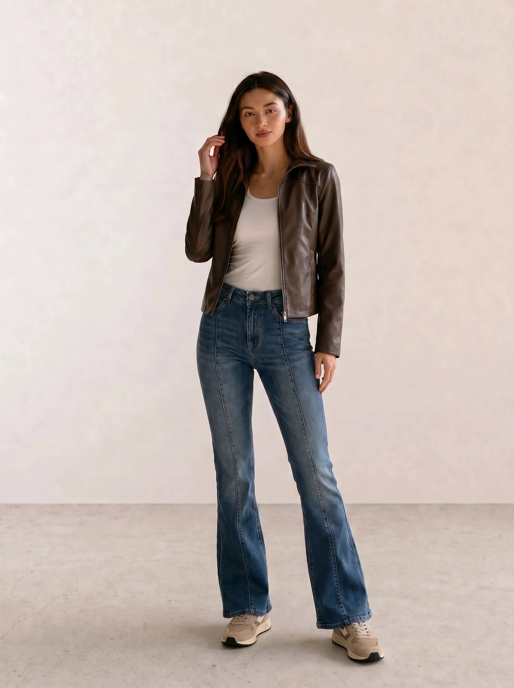 dark brown leather biker jacket with vintage low-rise flare jeans and taupe retro sneakers — retro vintage outfit idea 2026