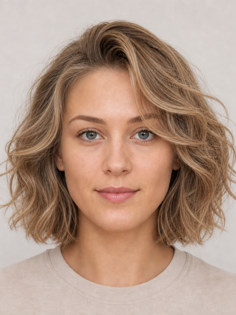 Front view of a wavy lob hairstyle styled for a rectangle face shape