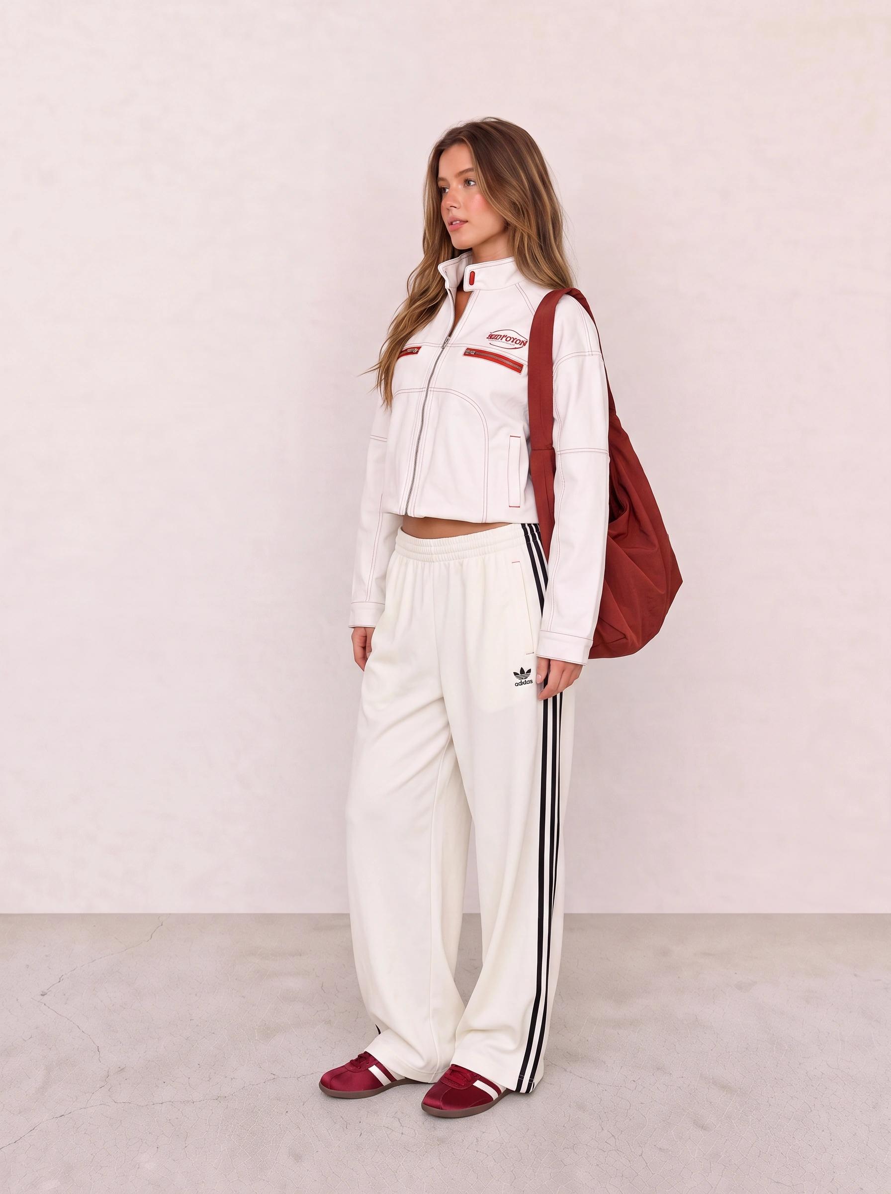 White Track Jacket and Wide-Leg Pants Sporty Outfit