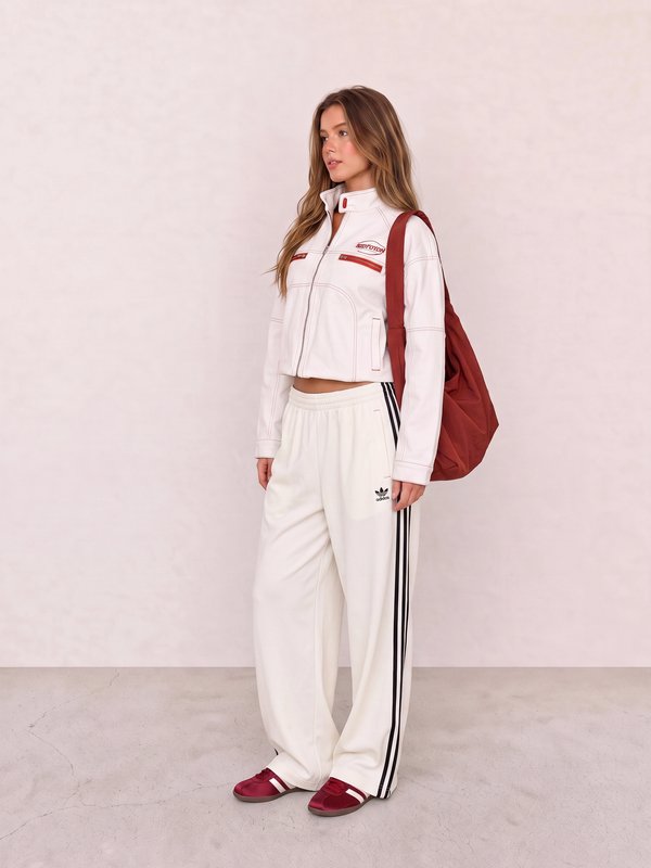 White Track Jacket and Wide-Leg Pants Sporty Outfit