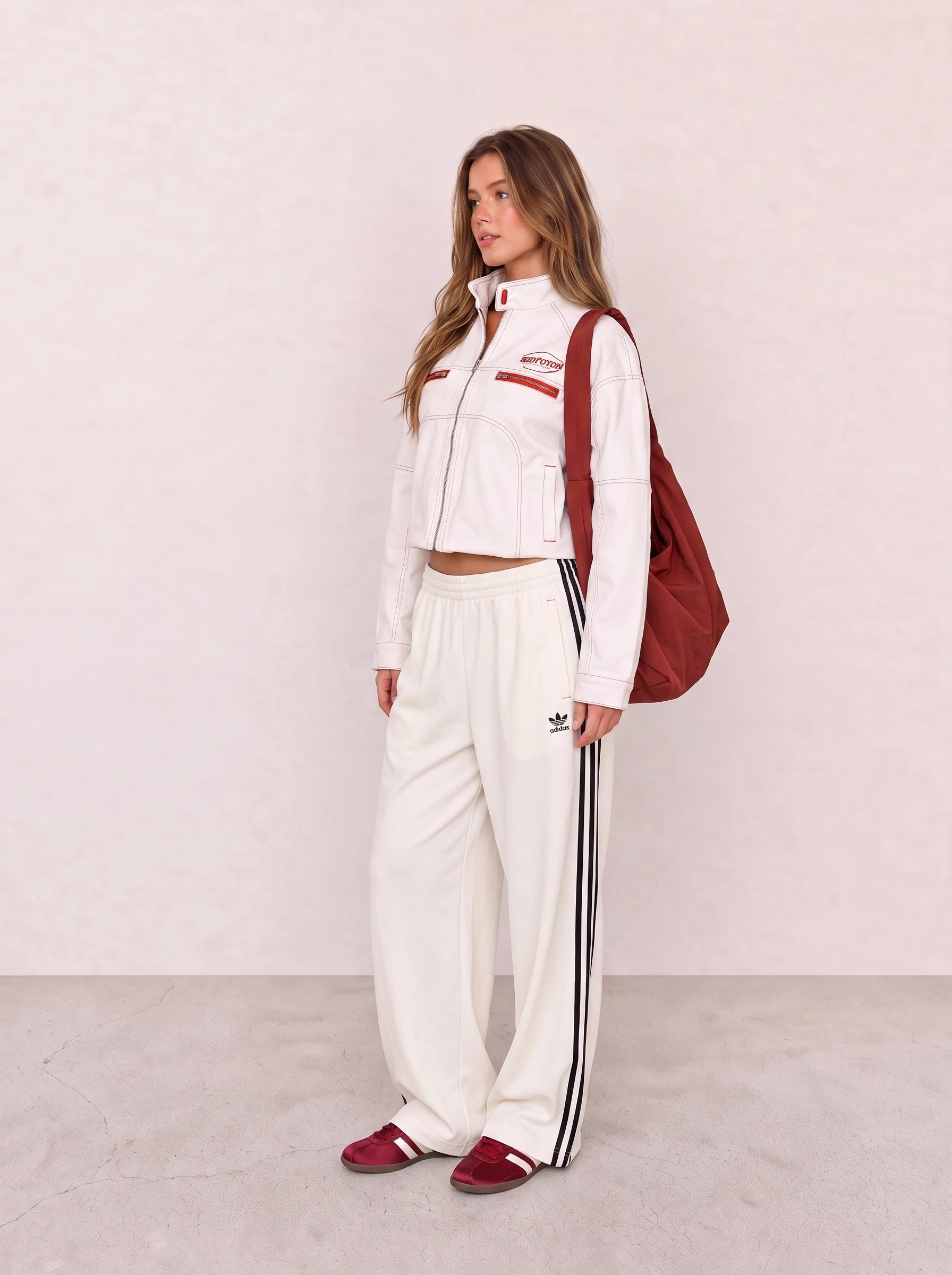 White Track Jacket and Wide-Leg Pants Sporty Outfit