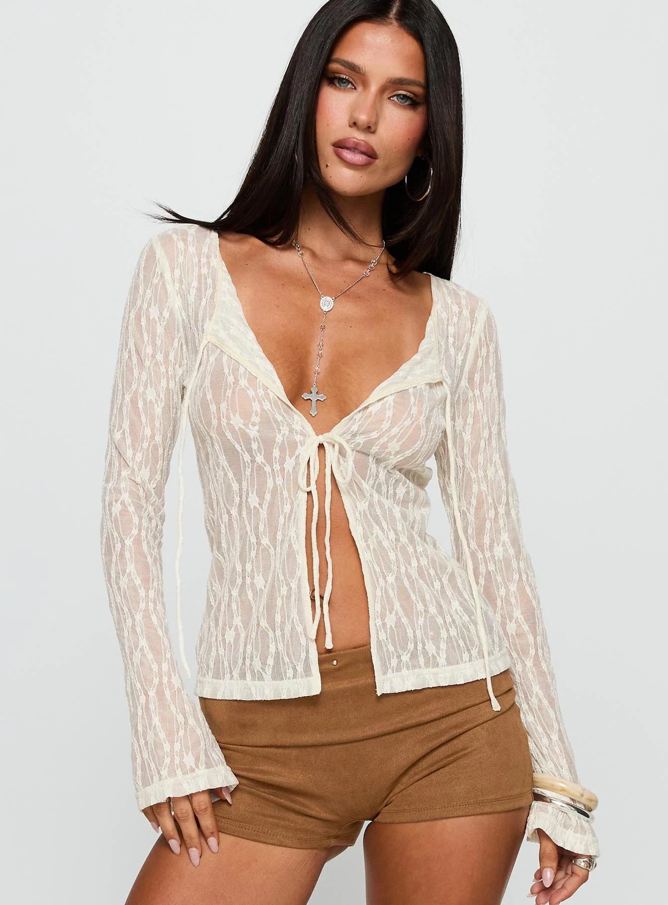 White Lace Bell-Sleeve Crop Blouse