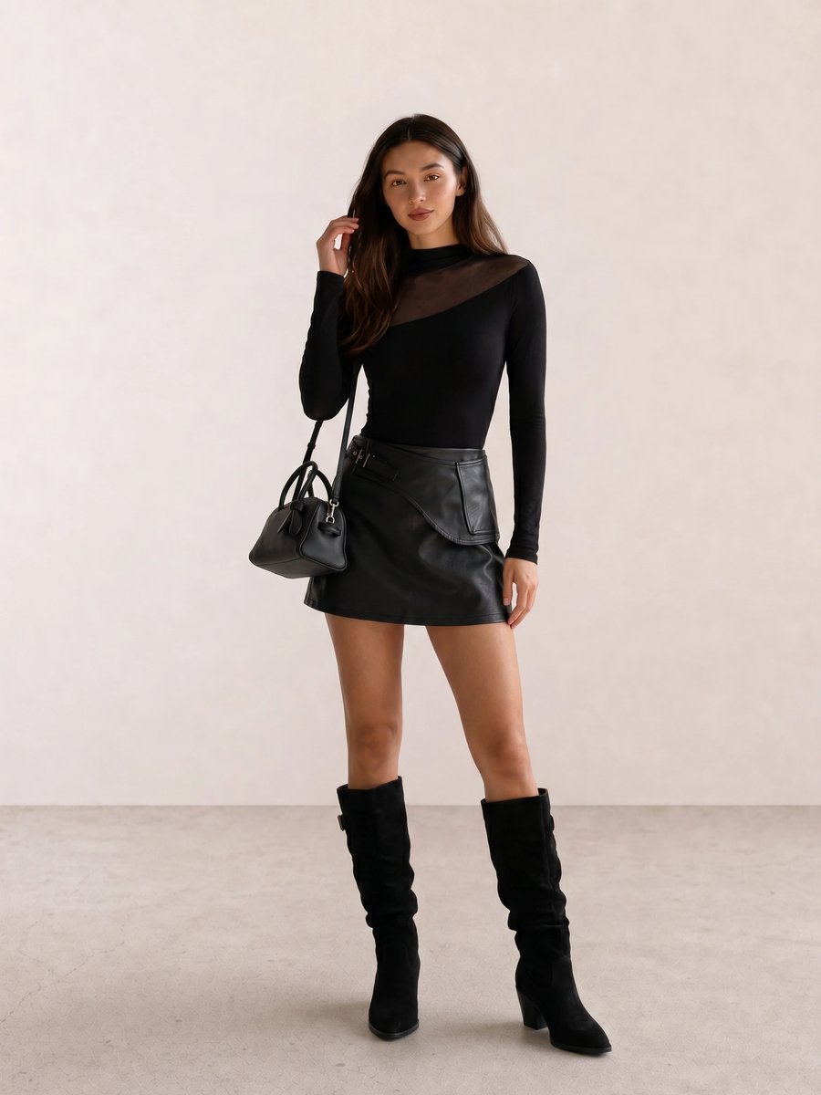 Black outfit with a sheer panel bodysuit, leather mini skirt, leather bowler bag, and suede knee boots
