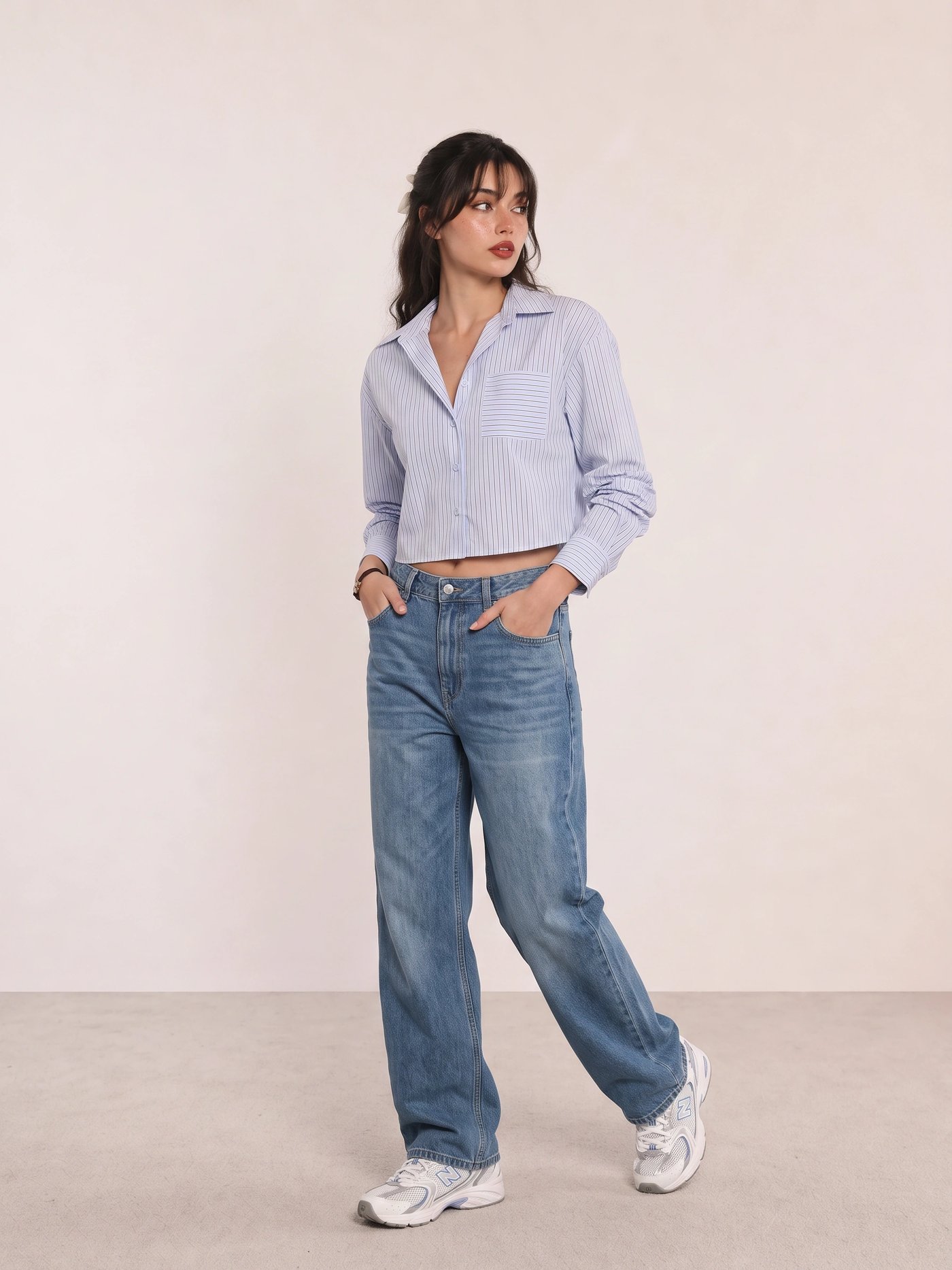 Blue Pinstripe Shirt and Jeans Campus Outfit
