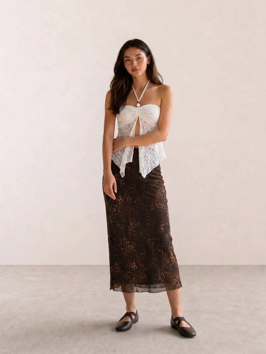 Retro vintage outfit with white lace strapless crop top, dark brown leopard midi skirt, and ballet flats