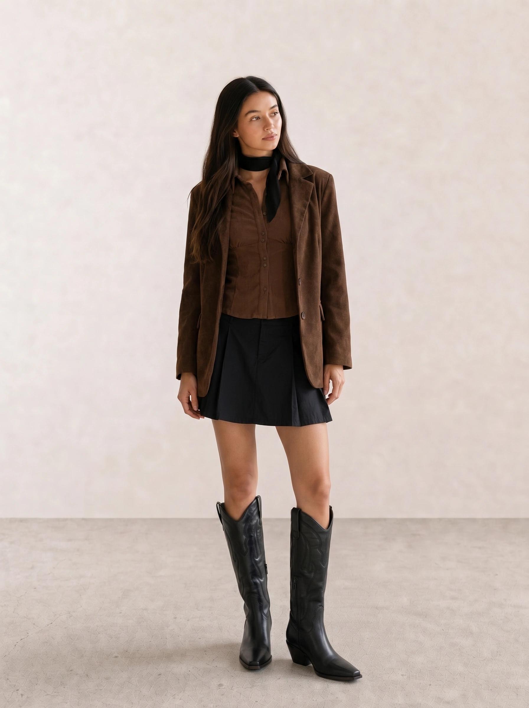 Brown Blazer Top & Black Mini Skirt with Western Boots