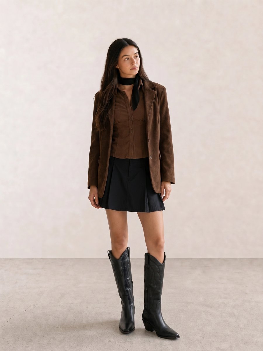 Autumn western outfit with a brown suede blazer, brown top, black mini skirt, scarf, and black western boots
