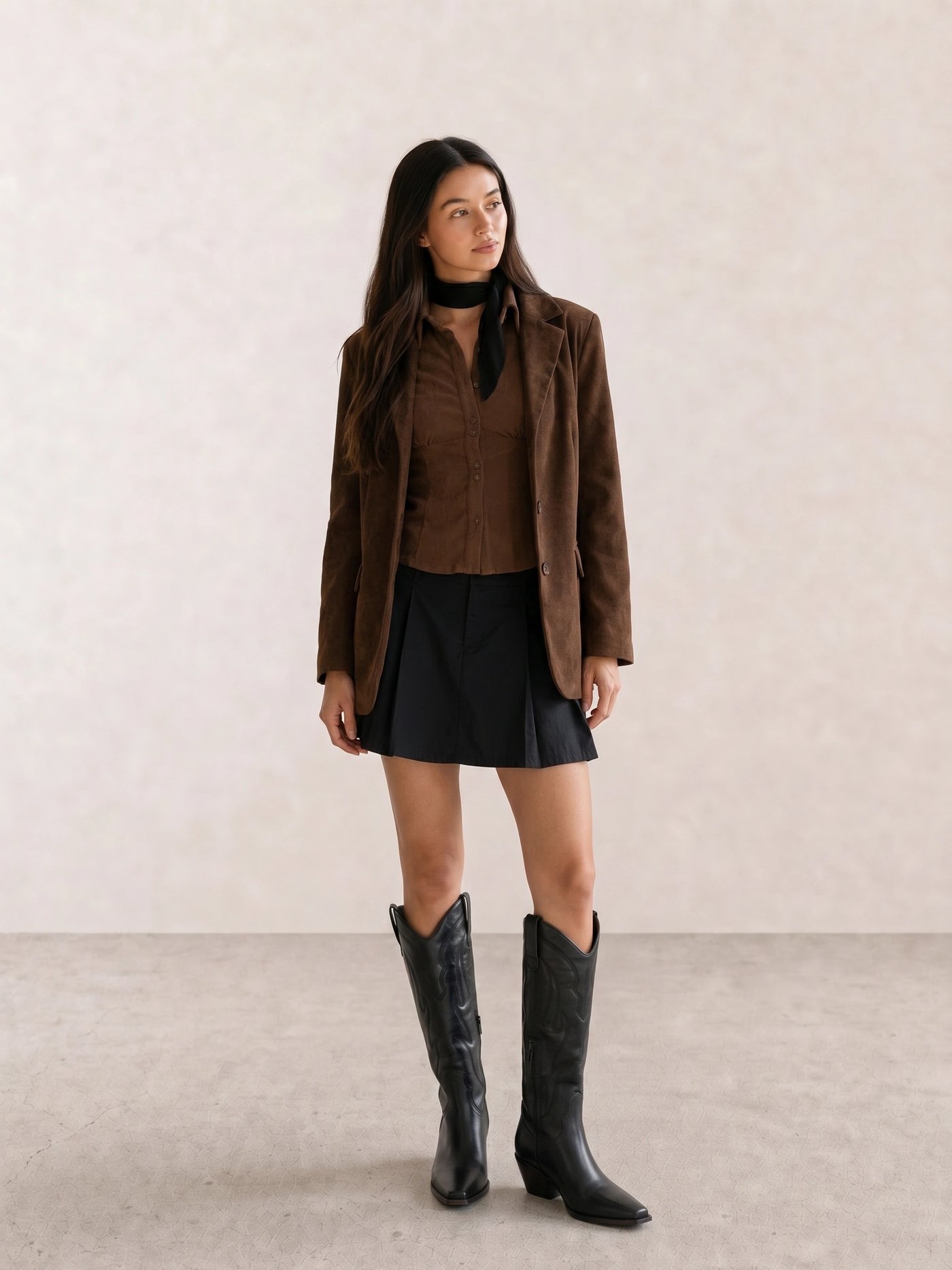 Brown Blazer Top & Black Mini Skirt with Western Boots