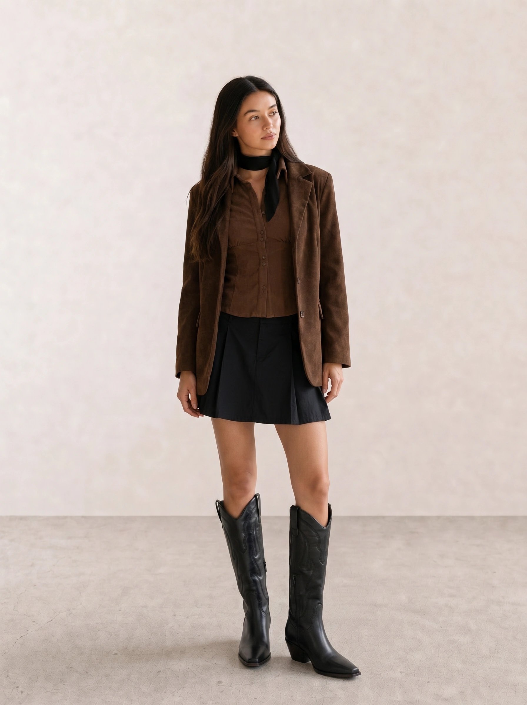 Brown Blazer Top & Black Mini Skirt with Western Boots