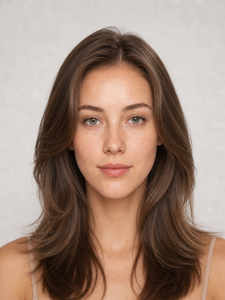 Woman with long layered hairstyle, front view, flattering an oval face shape