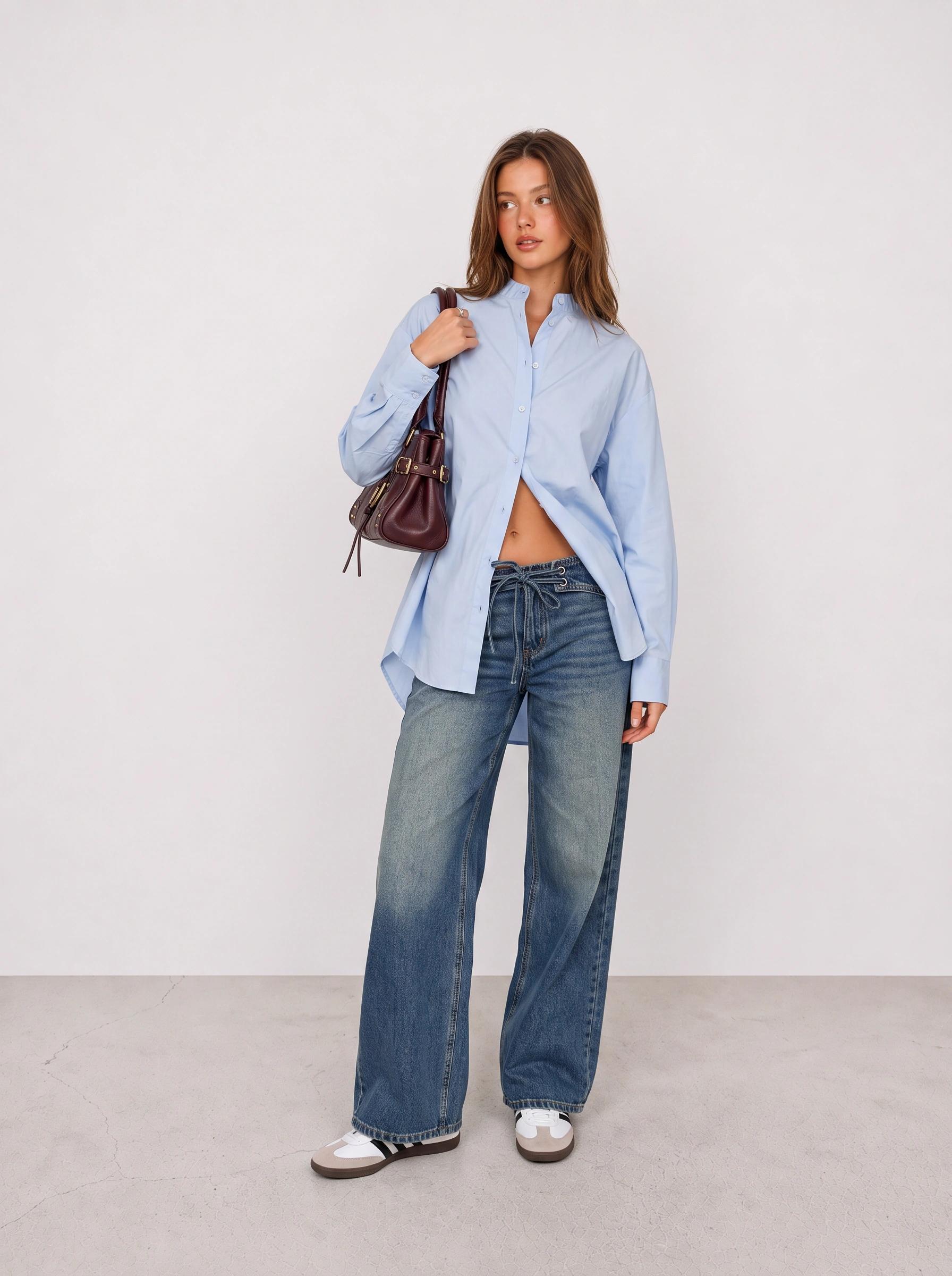Blue Oversized Shirt and Wide-Leg Jeans Outfit