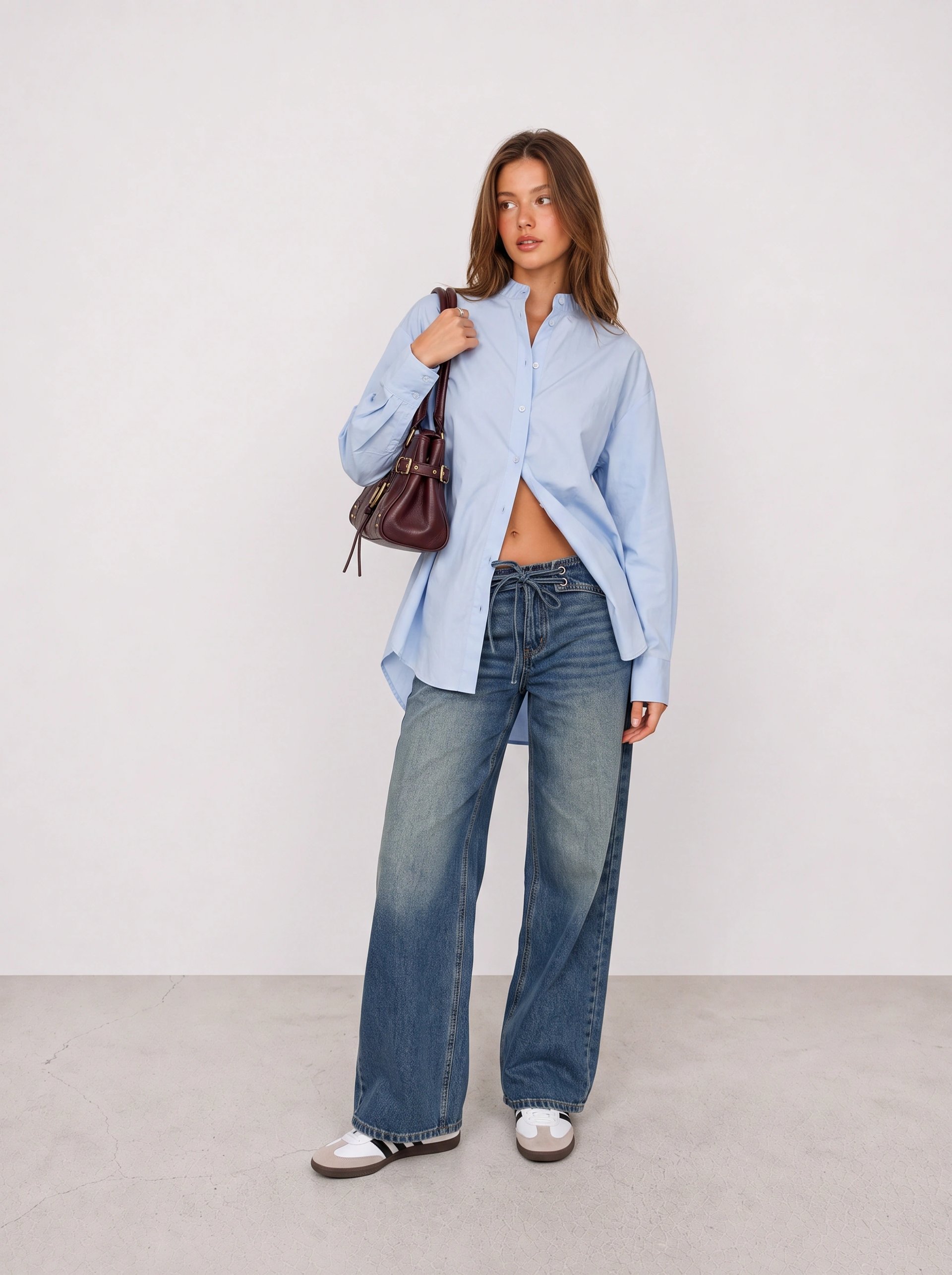 Blue Oversized Shirt and Wide-Leg Jeans Outfit