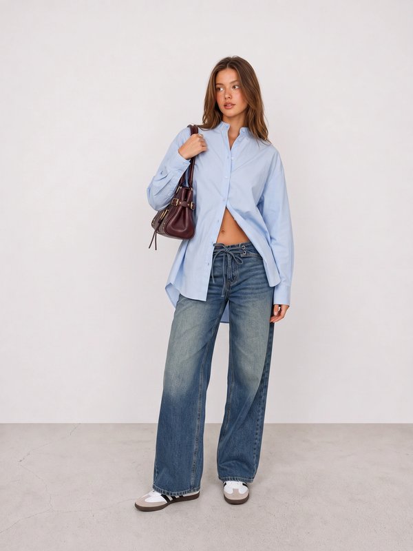 Blue Oversized Shirt and Wide-Leg Jeans Outfit