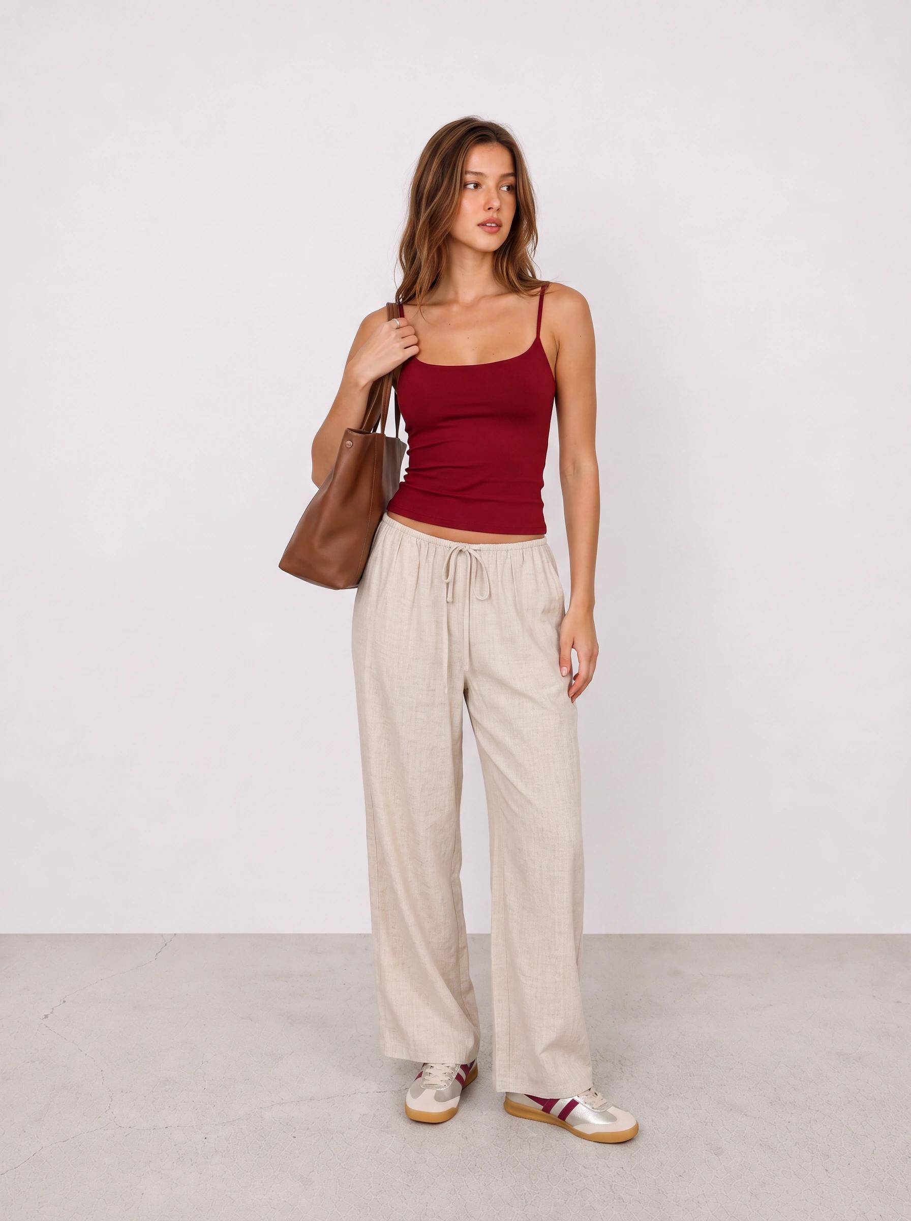 Burgundy Cami and Linen Trousers Travel Outfit