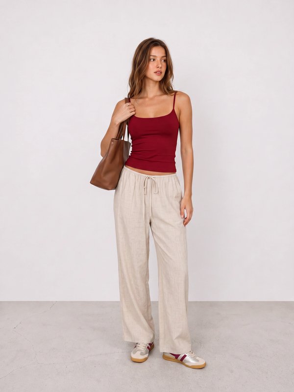 Burgundy Cami and Linen Trousers Travel Outfit
