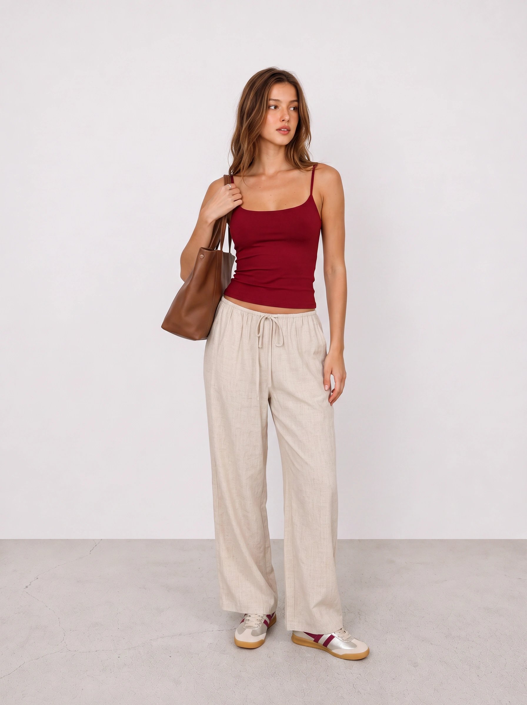 Burgundy Cami and Linen Trousers Travel Outfit